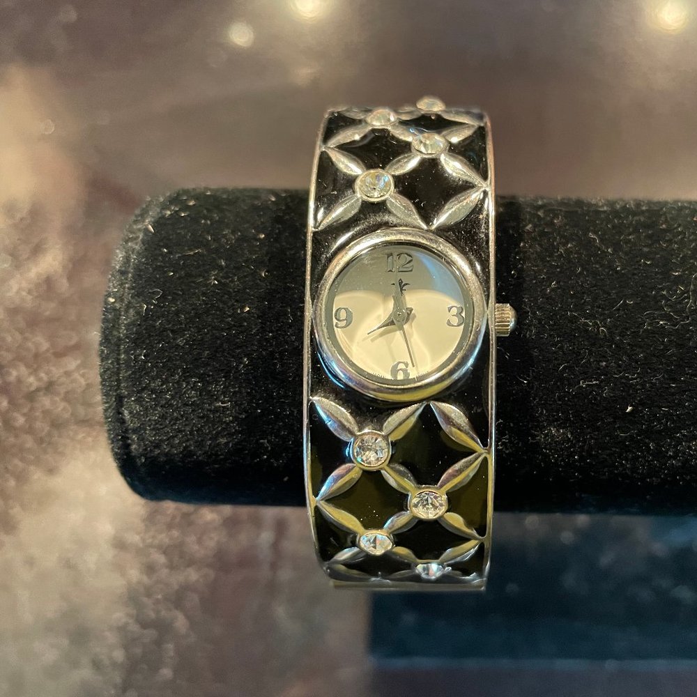 VTG Black and silver cuff bracelet watch with rhinestone accents